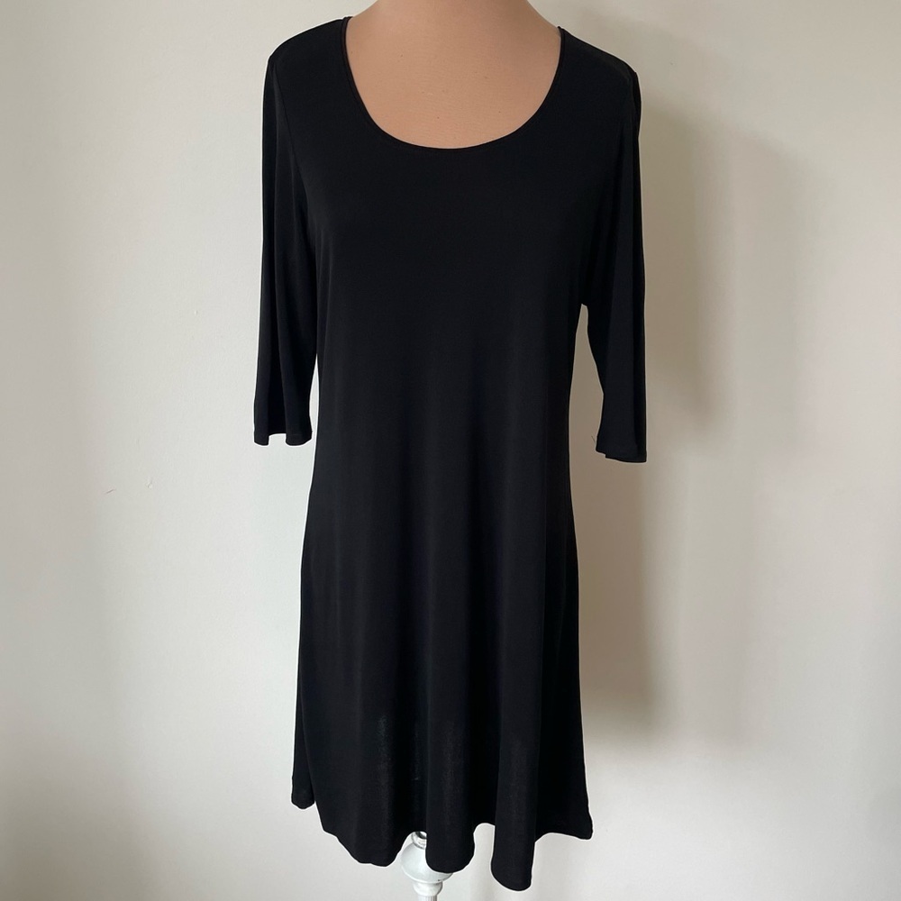 Eileen Fisher Black Silk Georgette Crepe Round Neck 3/4 Sleeve Dress EUC Size S